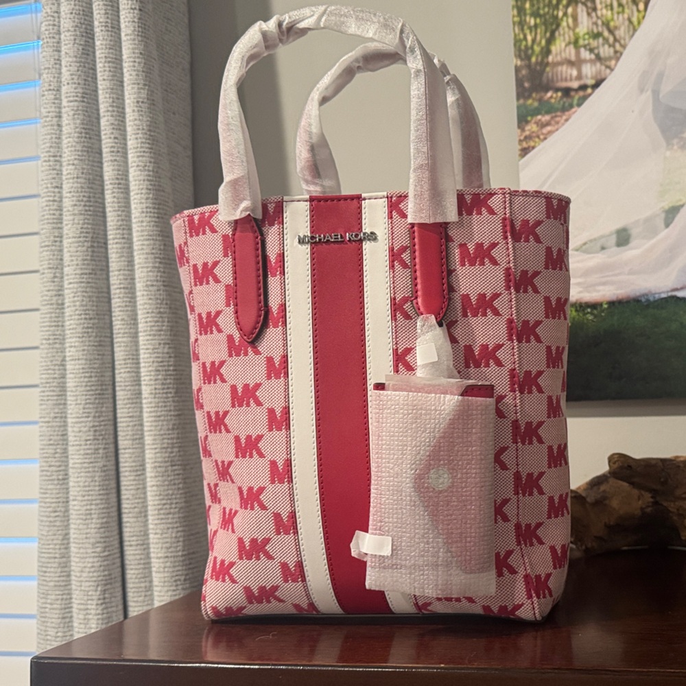 Michael Kors Pink and White MK Logo Canvas Tote